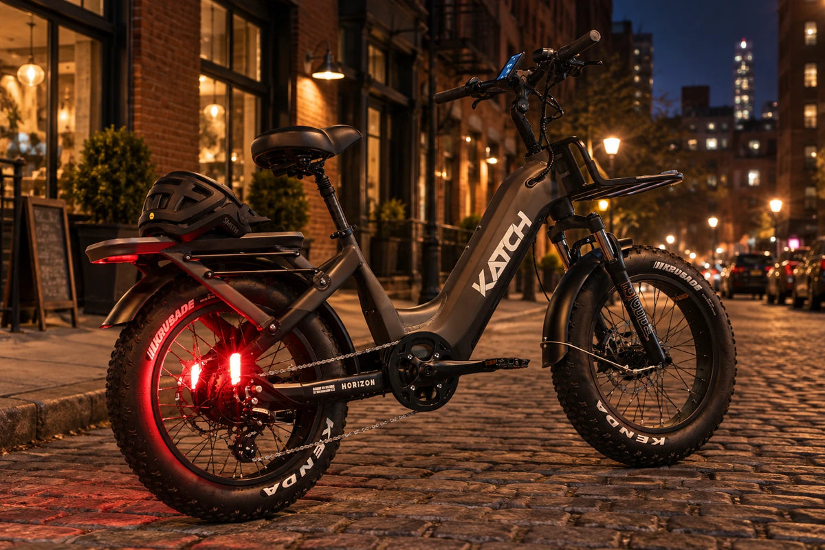 Katch Mini Horizon fat tire e-bike at night in Toronto