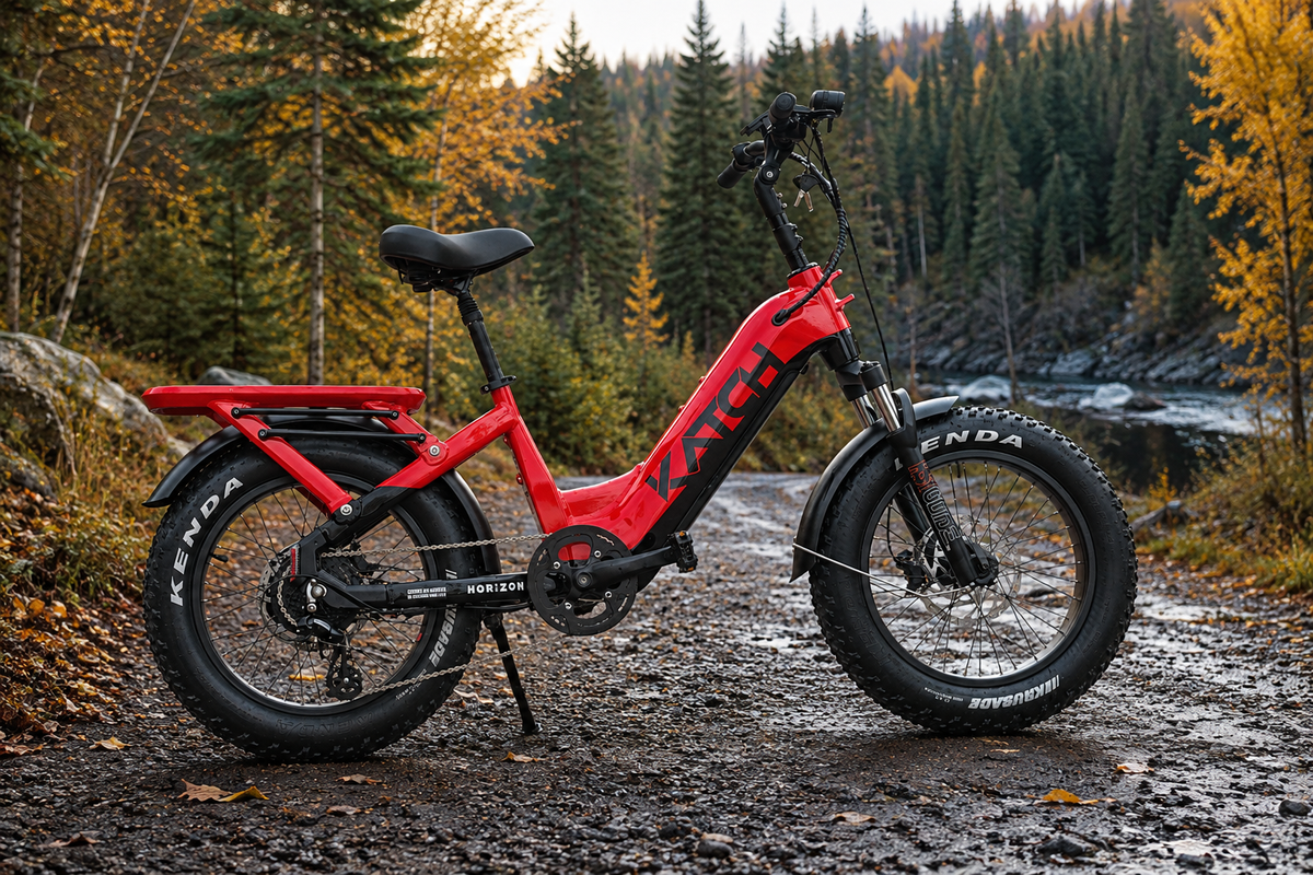 Close-up of a Katch fat tire electric bike
